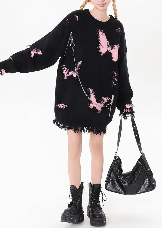 Art Black Chain Linked Butterfly Hole Knit Pullover Winter