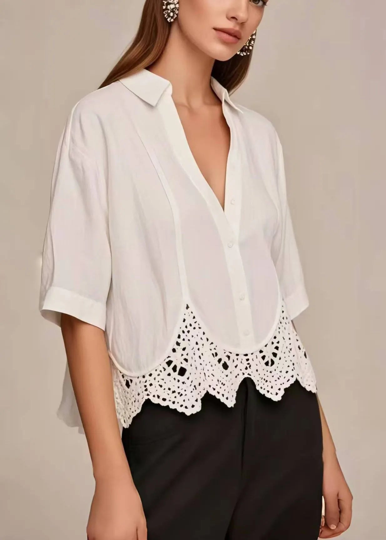 White V Neck Patchwork Lace Short Shirt Summer