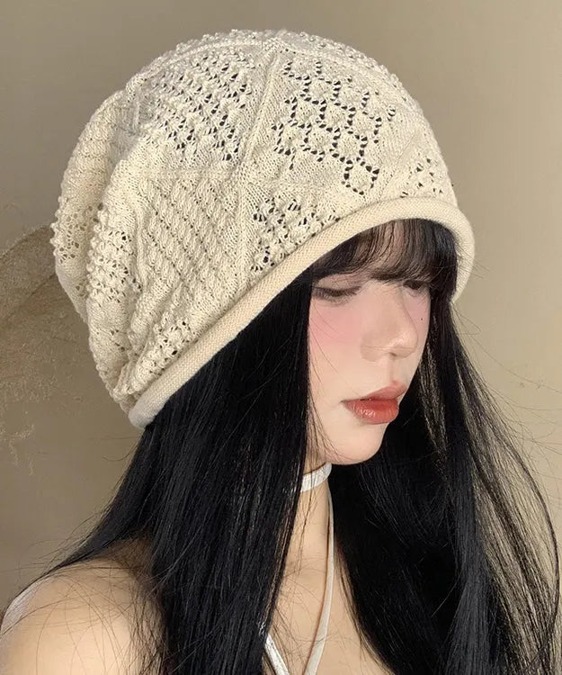 Diy Versatile Beige Hollow Out Thin Knit Bonnie Hat
