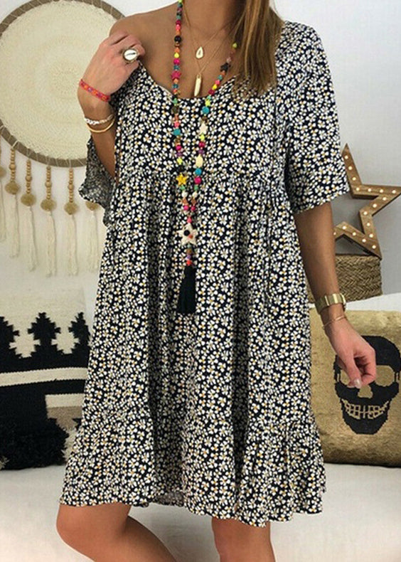Red V Neck Print Patchwork Cotton Dress Summer