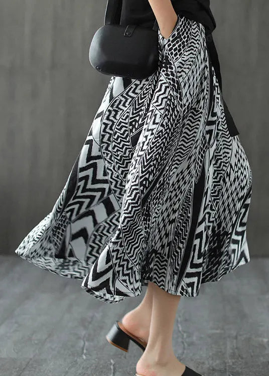 Black White Print Patchwork Pockets Elastic Waist Linen Skirt Summer