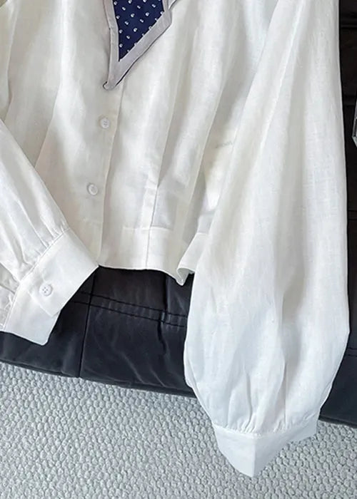 Stylish White Bow Button Cotton Blouses Fall