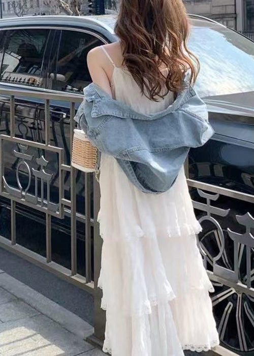 Purple V Neck Lace Cotton Spaghetti Strap Dress Sleeveless
