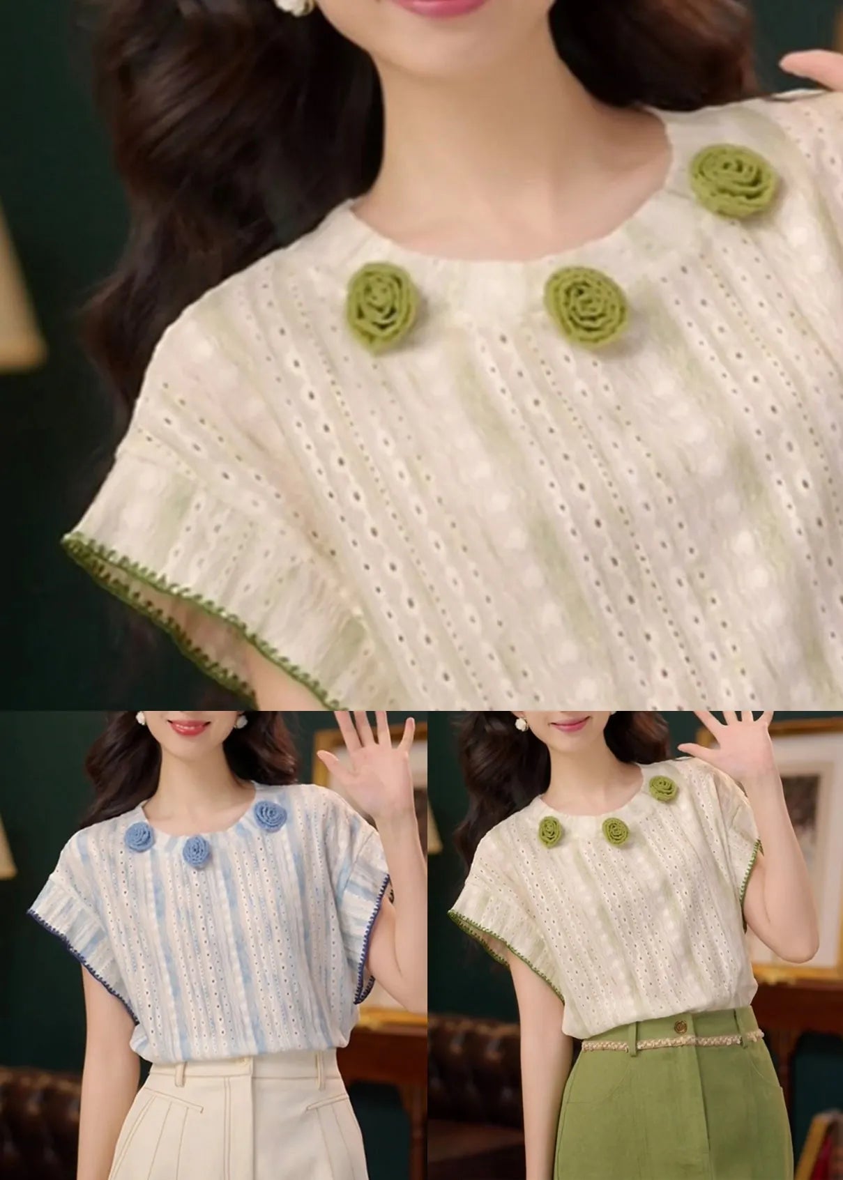 Green Hollow Out Striped Cotton Summer T Shirts O Neck