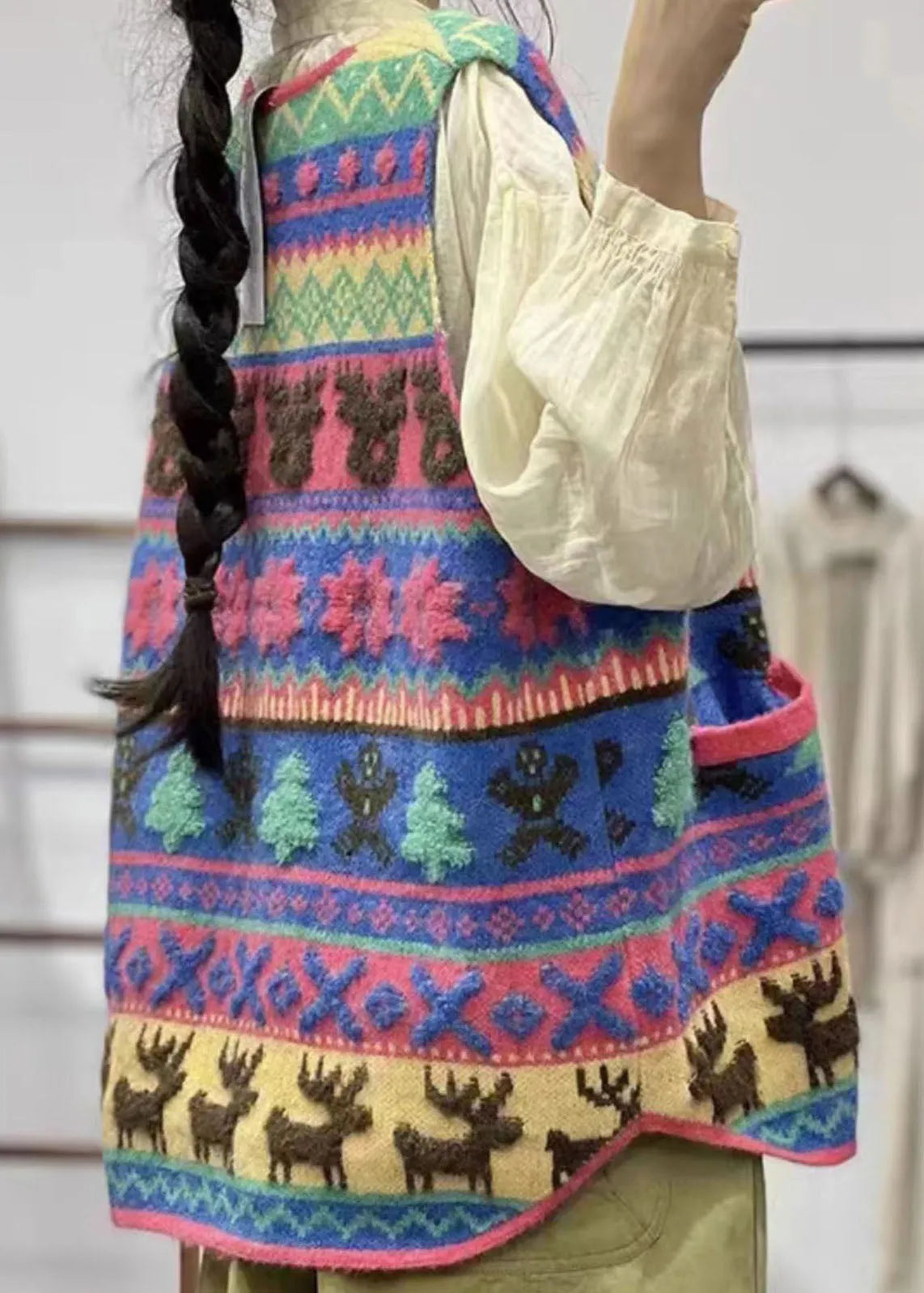 Modern Red V Neck Animal Button Cotton Knit Waistcoat Fall