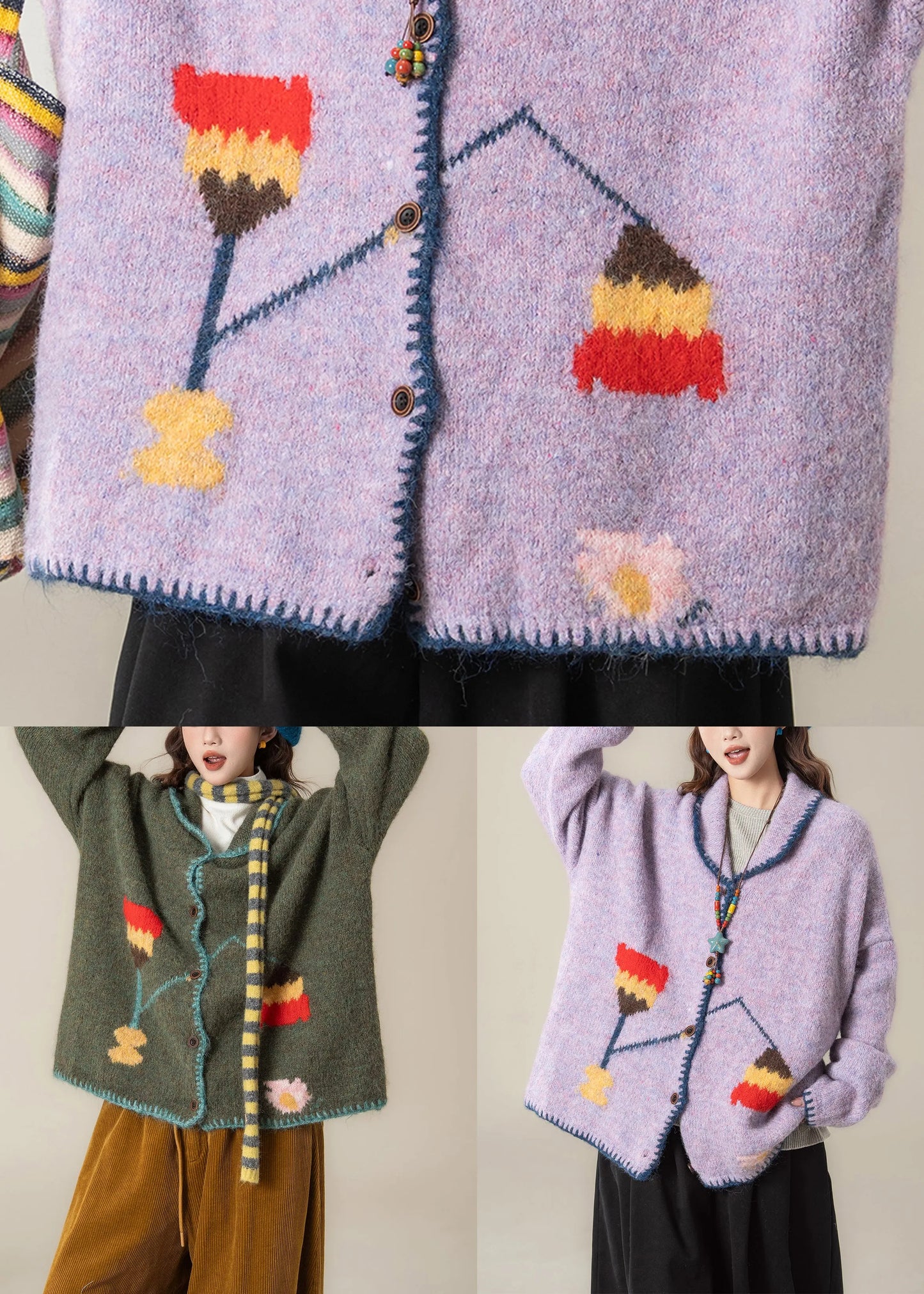Loose Green Peter Pan Collar Button Knit Coat Spring