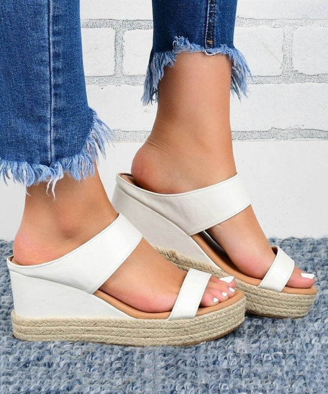 White Wedge Faux Leather Boutique Slide Sandals Peep Toe