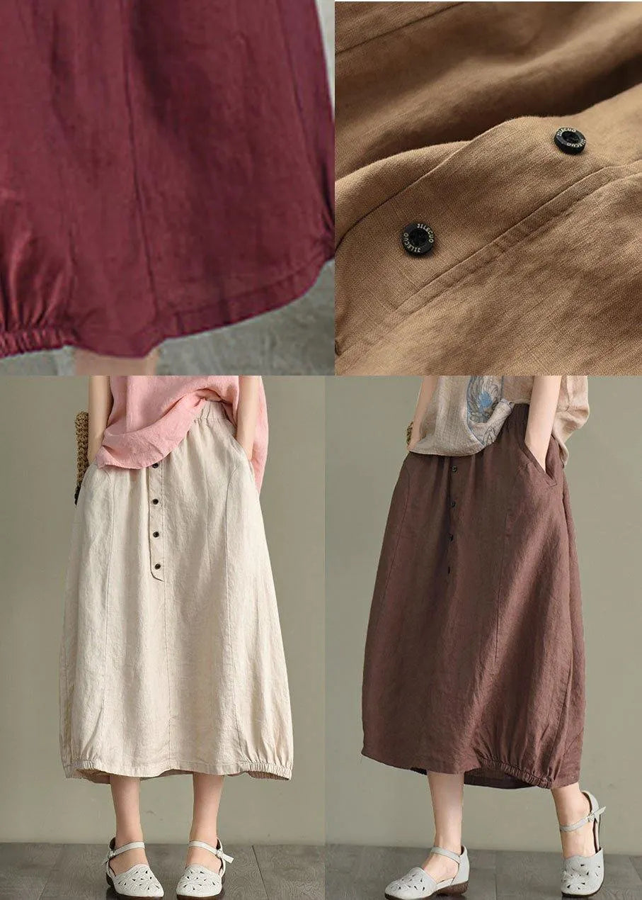 Beige Button a Line Summer Loose Skirts Linen