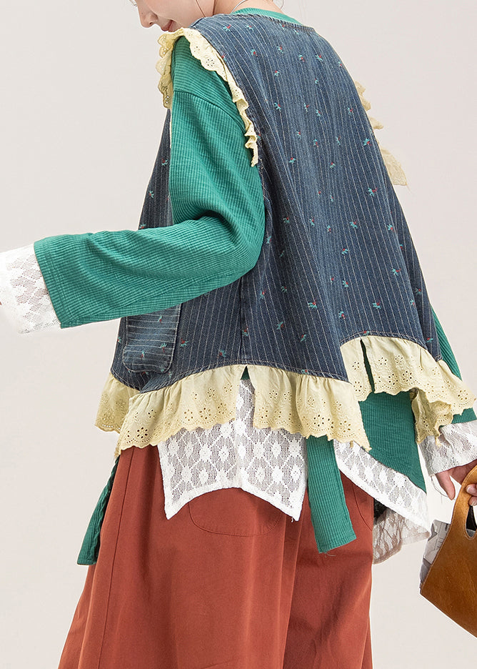 Stylish Denim Blue Lace Patchwork Embroidered Waistcoat and Top Two Pieces Set Fall
