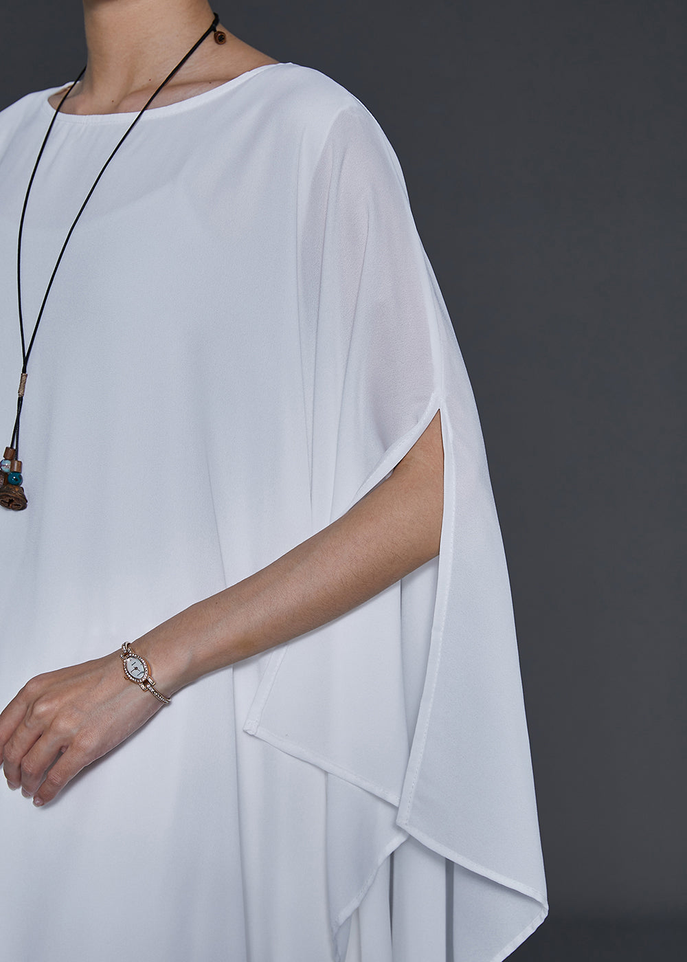 White Oversized Chiffon Vacation Dresses Batwing Sleeve