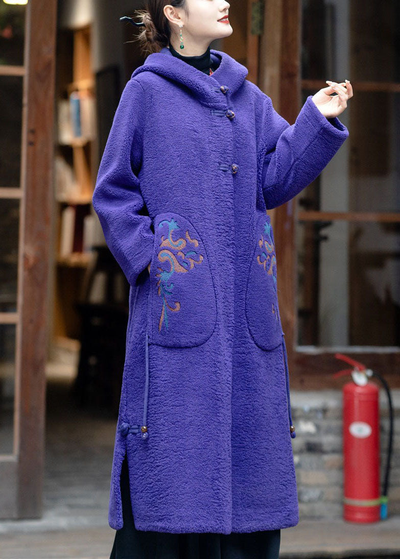 Purple Hooded Embroidered Tassel Teddy Faux Fur Coats Winter