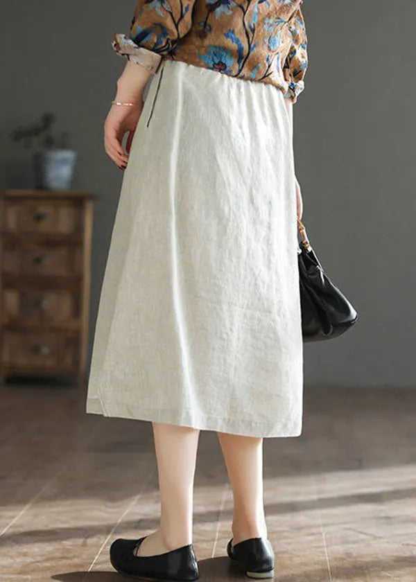 Beige Chinese Button Patchwork Linen Skirts Spring