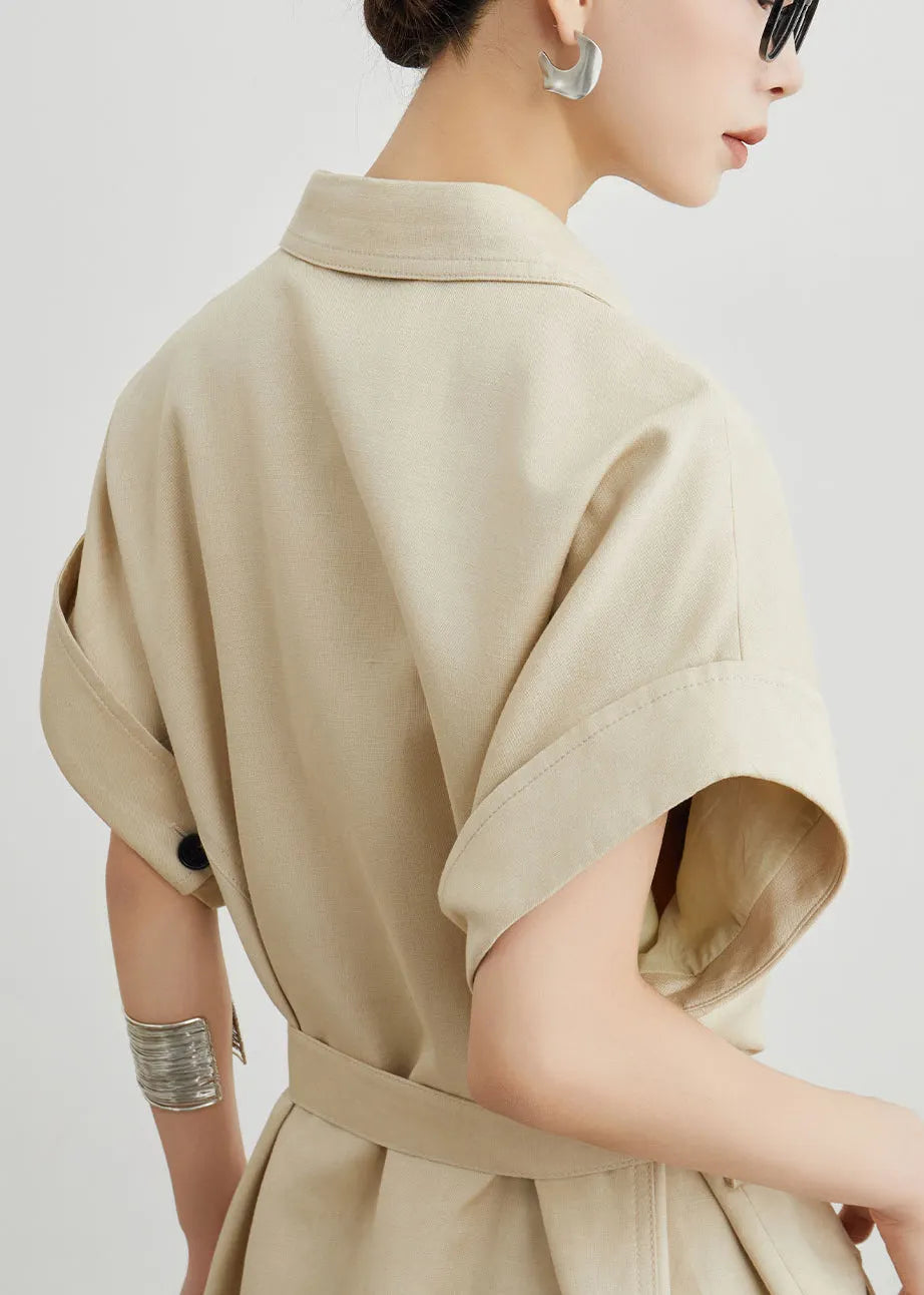 Khaki Peter Pan Collar Pockets Sashes Cotton T Shirts Dresses Summer