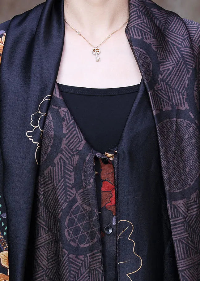 Black Print Bow Collar Side Open Silk Long Cardigan Long Sleeve