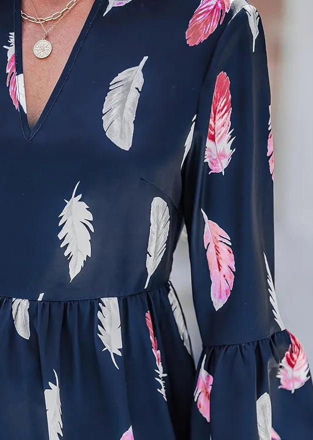 French Navy V Neck Print Patchwork Mid Dress Flare Sleeve
