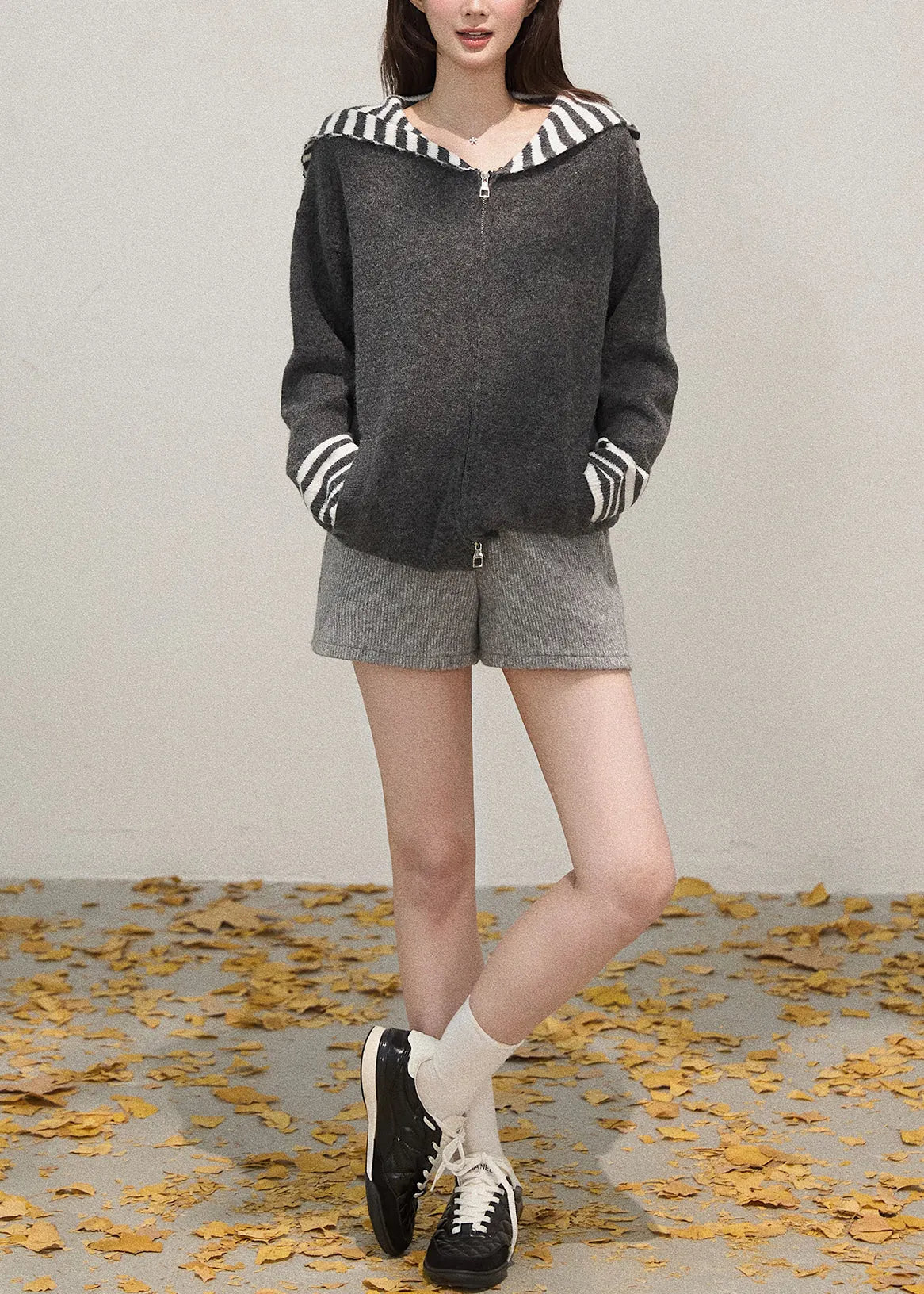 French Grey Zip Up Patchwork Shawl Knit Coats Winter