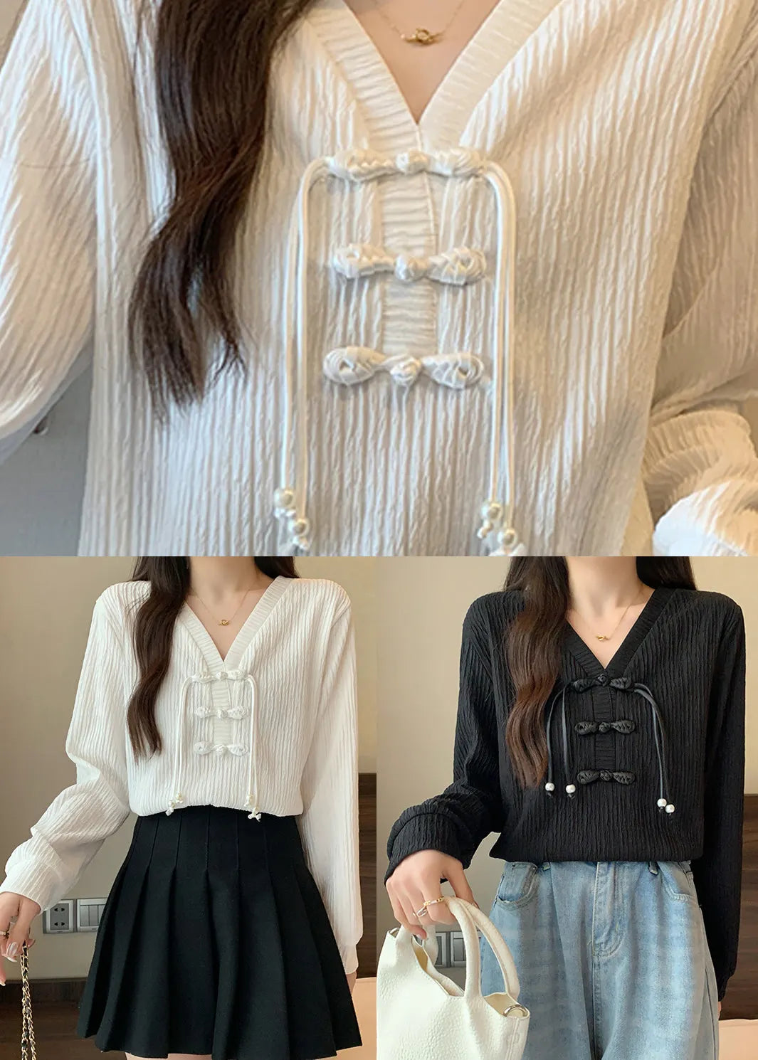 White V Neck Patchwork Cotton Shirt Top Fall