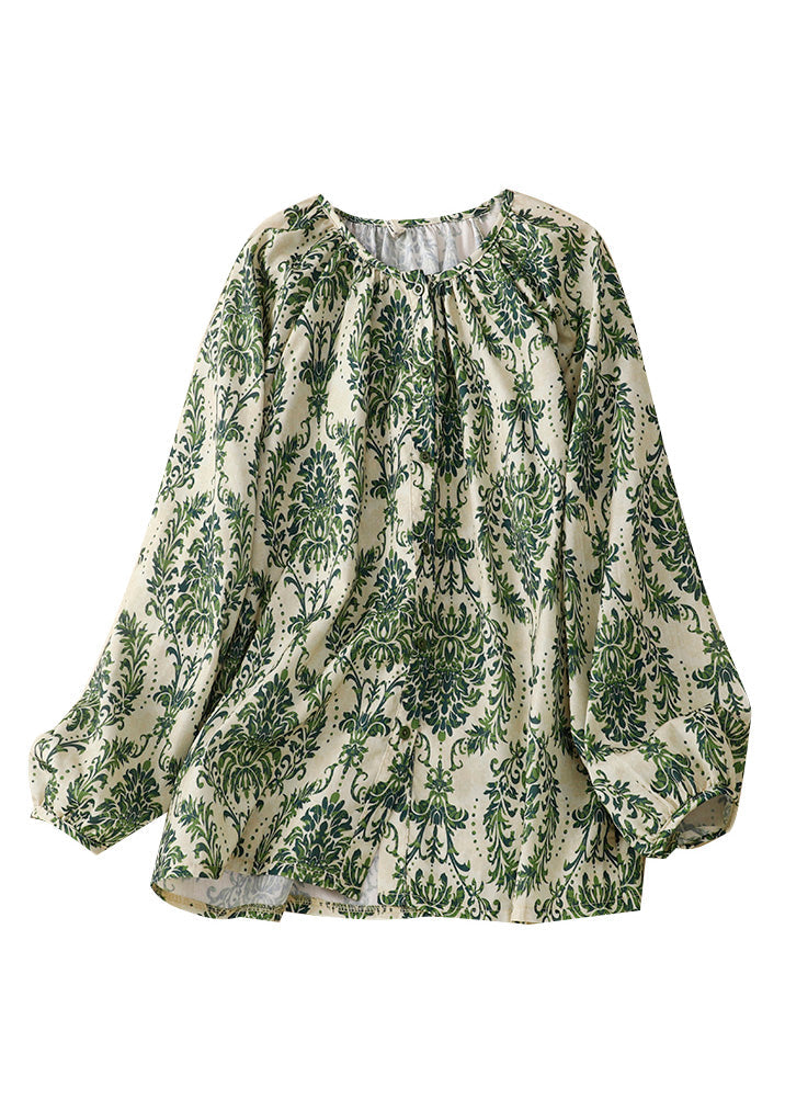Organic Green O-neck Print Chiffon Top Summer