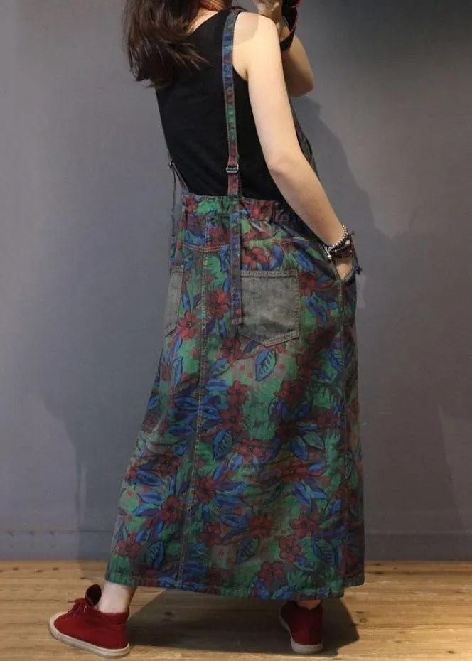 Print Pockets High Waist Denim Straps Dress Sleeveless