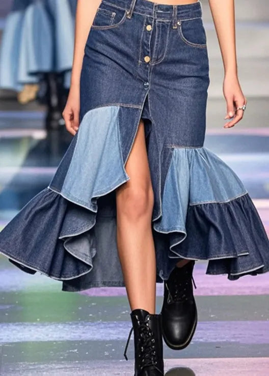 Blue Asymmetrical Patchwork Ruffles Denim Wraped Skirts Spring