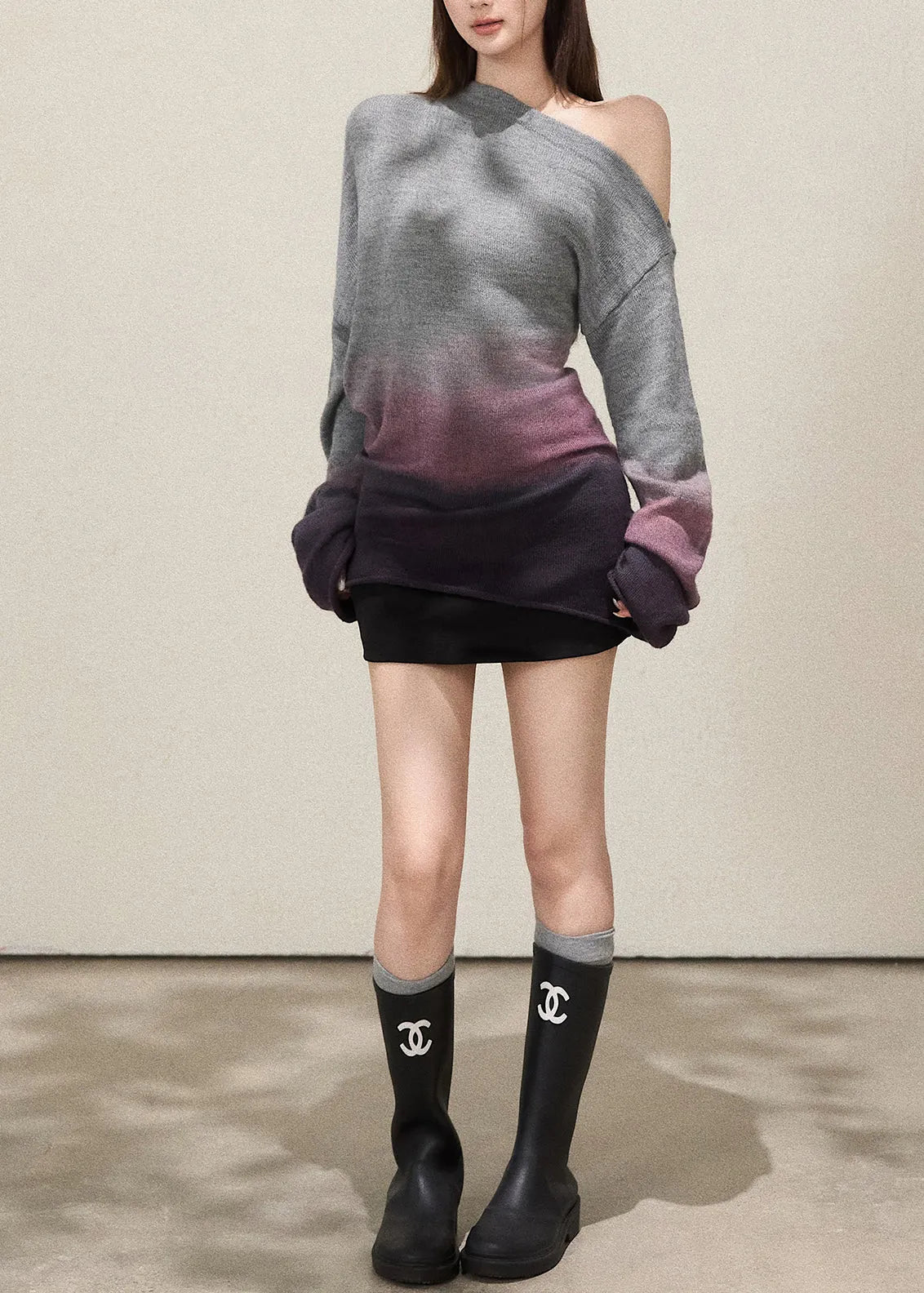 Grey Cold Shoulder Tie Dye Knitted Tops Fall