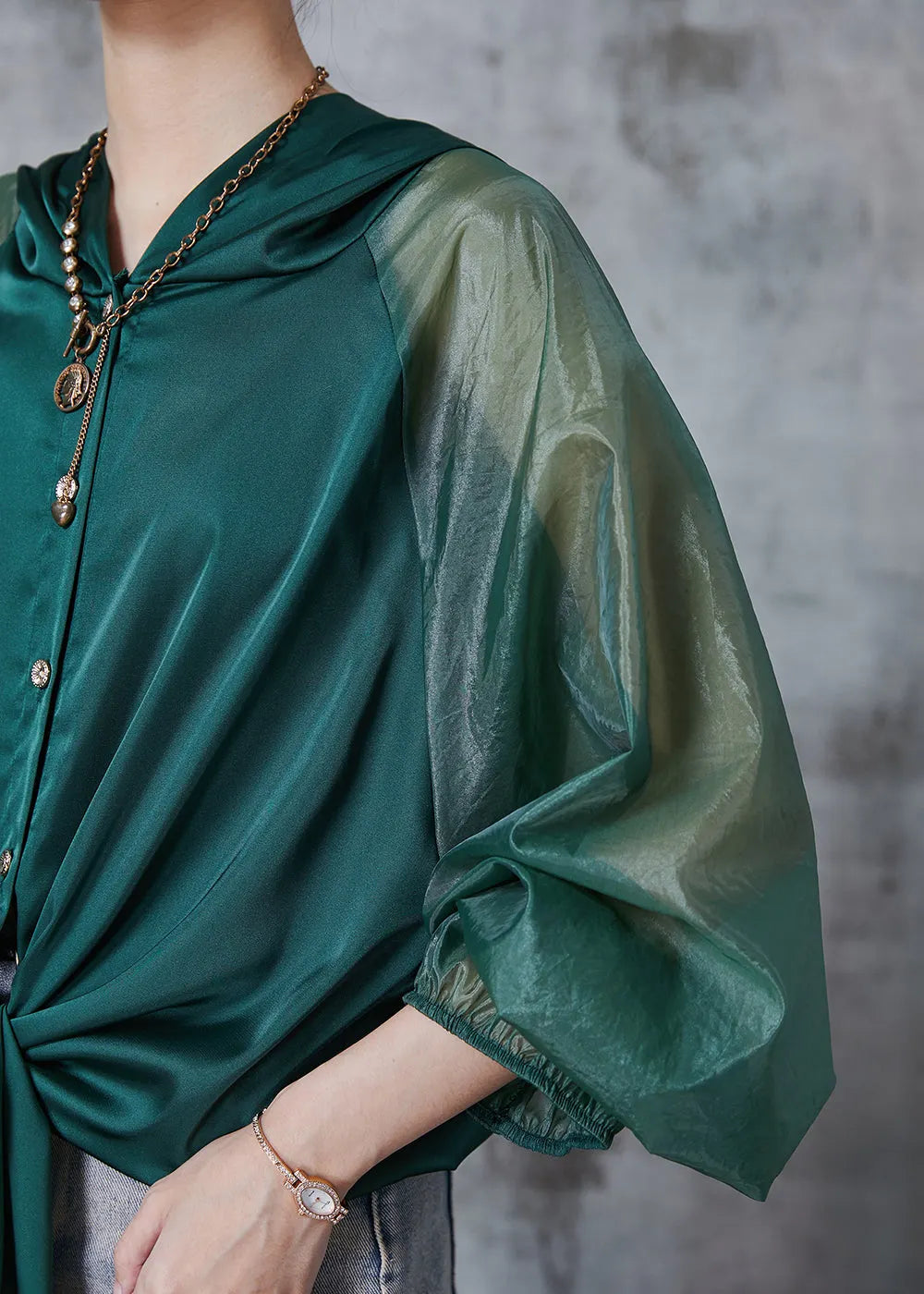 Peacock Green Hooded Patchwork Silk Blouse Tops Fall