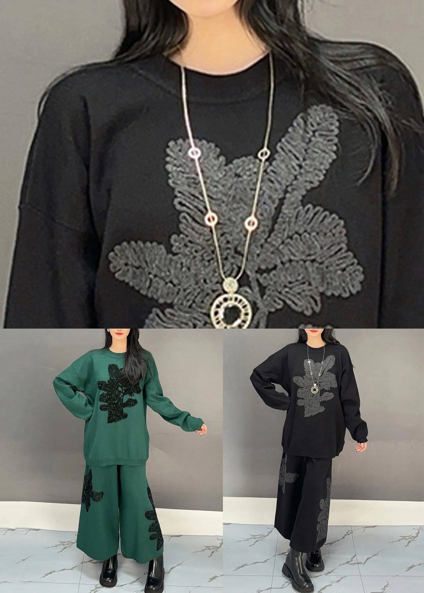 Blackish Green Sweatshirt and Wide Leg Pants Cotton Two Piece Set Embroidered Fall