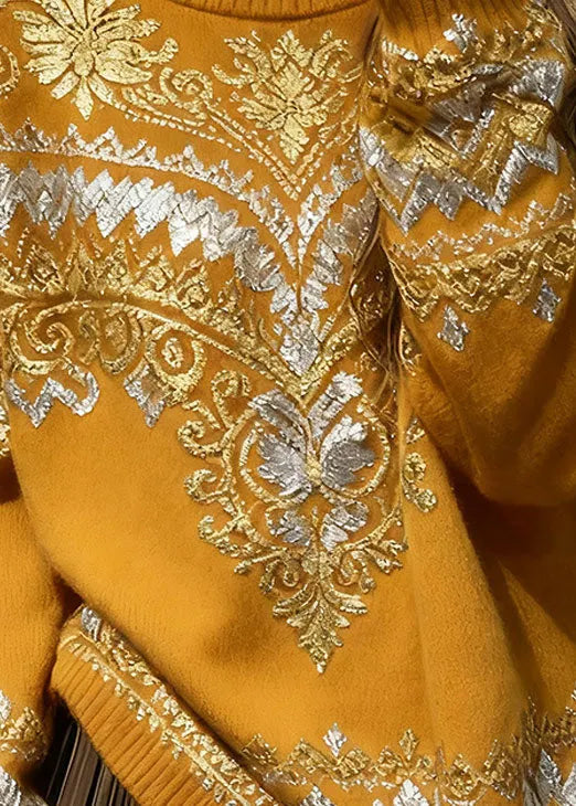 Italian Yellow O Neck Print Cozy Knit Sweater Tops Spring