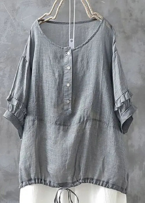 Grey O-neck Button Drawstring Patchwork Linen Shirt Tops Short Sleeve