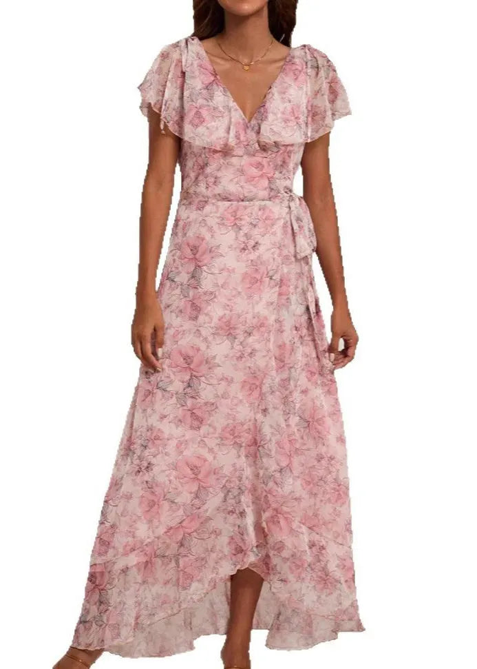 Pink V Neck Print Lace Up Chiffon Long Dresses Summer