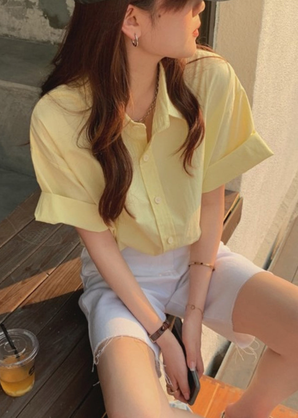 Yellow Button Cotton Summer Shirt Peter Pan Collar