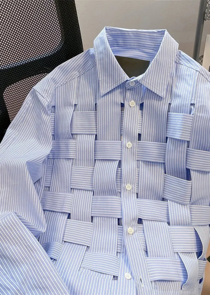 Fitted Blue Peter Pan Collar Hollow Out Plaid Cotton Shirts Fall