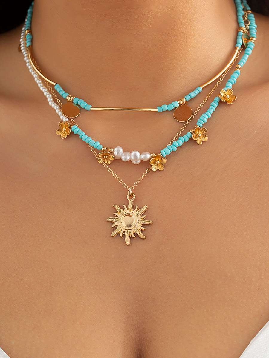3pcs Sun \u0026 Faux Pearl Beaded Necklace
