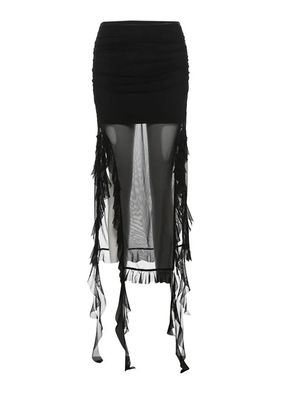 Black Ruffled Patchwork Side Open Tulle Skirts Summer