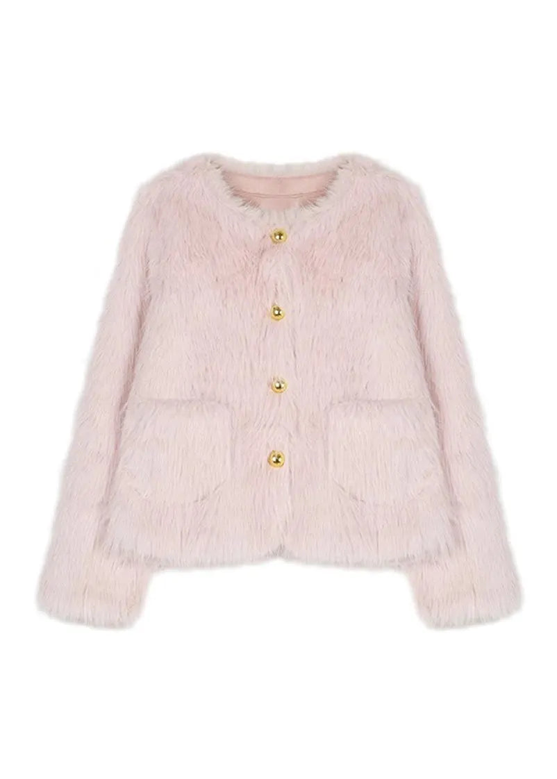 Stylish Pink Pockets Faux Fur Jacket Winter
