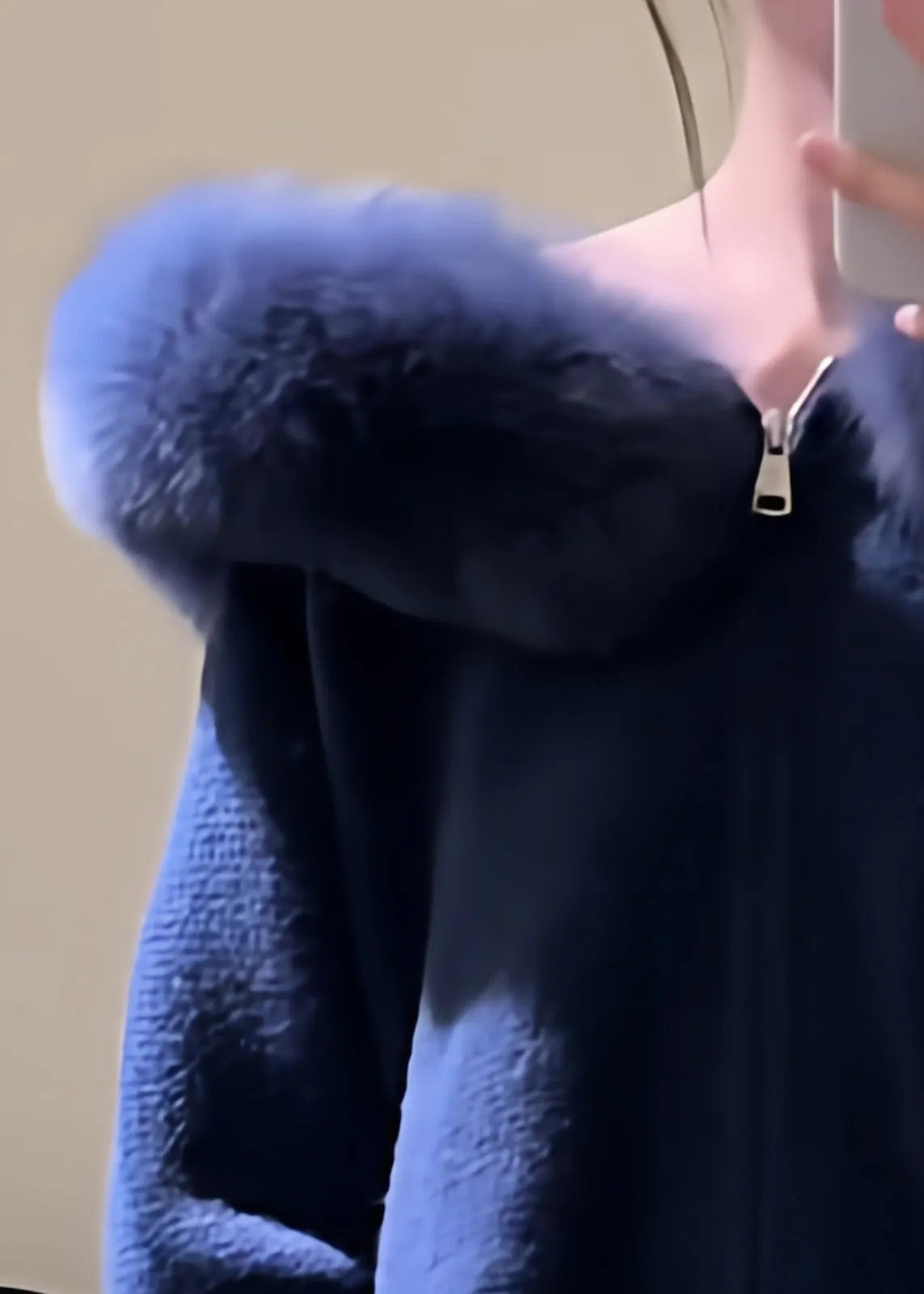 New Blue Hooded Fur Collar Zippered Knit Coats Winter