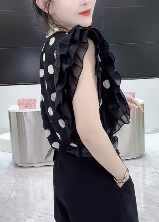 New Black O-neck Ruffled Print Chiffon Tops Summer