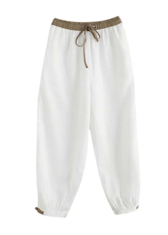 Green Elastic Waist Thin Linen Crop Pants Summer
