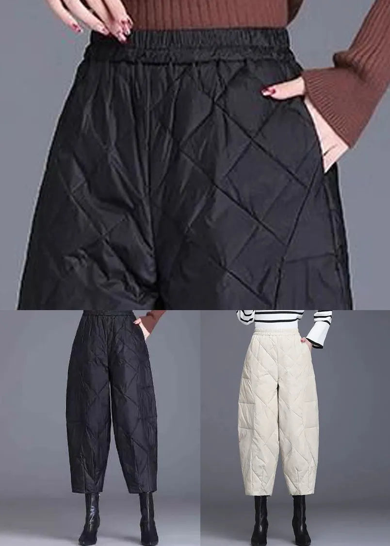 Black Plaid Fine Cotton Filled Crop Pants Elastic Waist