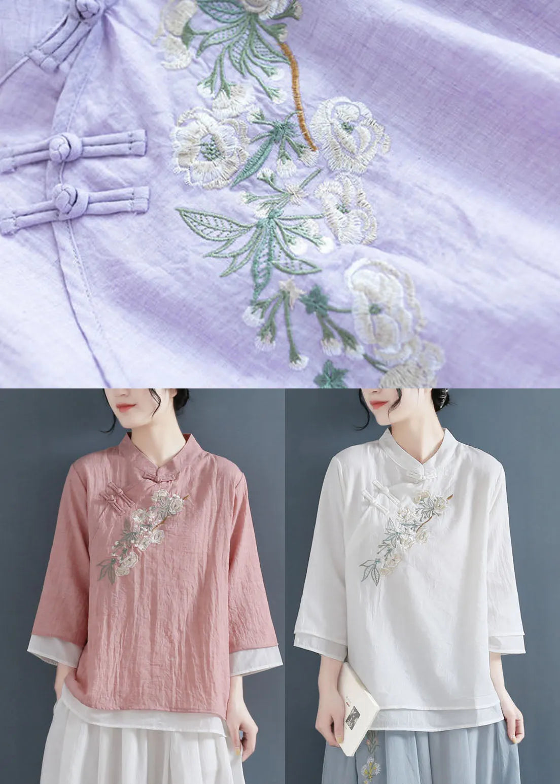 White Mandarin Collar Cotton Fake Two Piece Shirts Three Quarter Sleeve