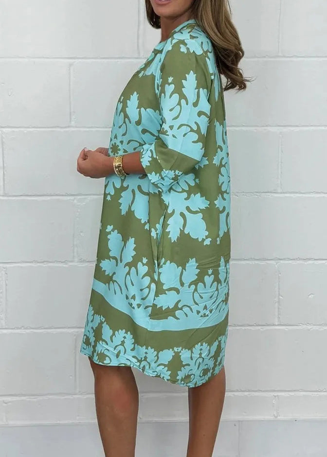 Green V Neck Print Cotton Mid Dress Bracelet Sleeve