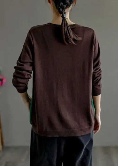 Chocolate Purple O-neck Patchwork Knit Sweater Top Long Sleeve