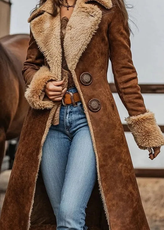 Brown Peter Pan Collar Patchwork Fleece Wool Lined Coat Outwear Spring