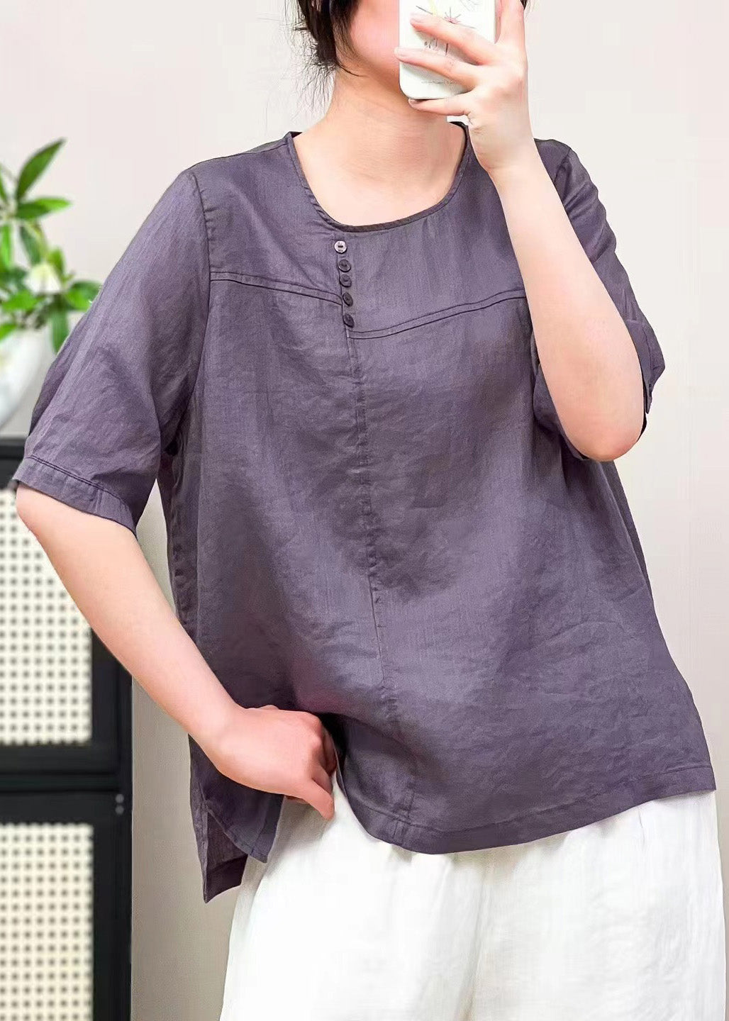 Caramel O Neck Patchwork Linen T Shirts Summer