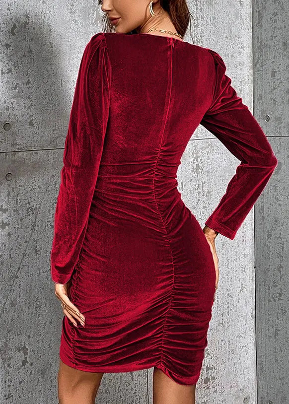 Mulberry V Neck Wrinkled Slim Fit Velvet Dress Fall