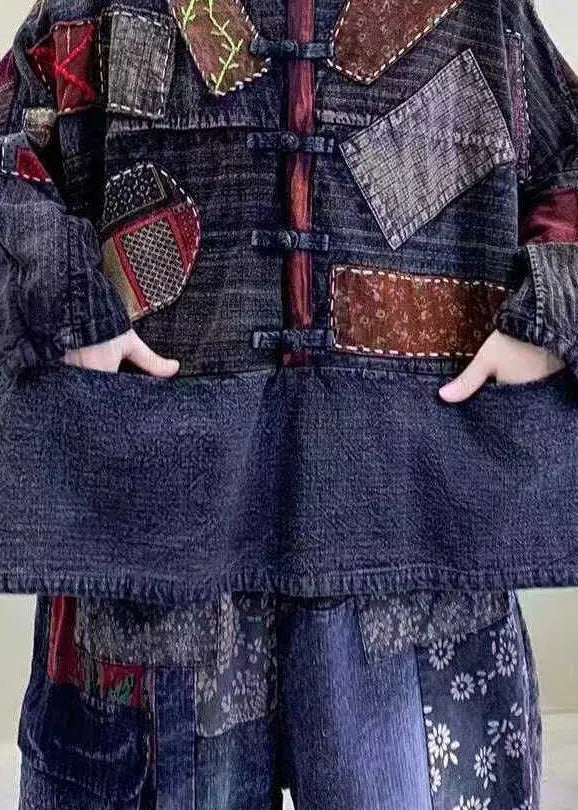 Blue Patch Pockets Oriental Button Cotton Jackets Spring