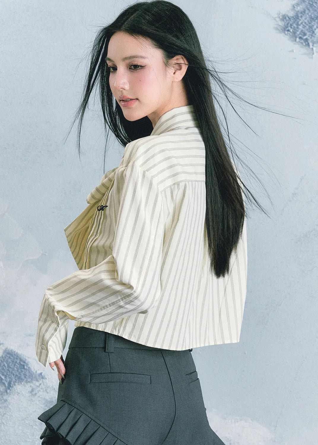 Light Yellow Bow Striped Patchwork Top Fall