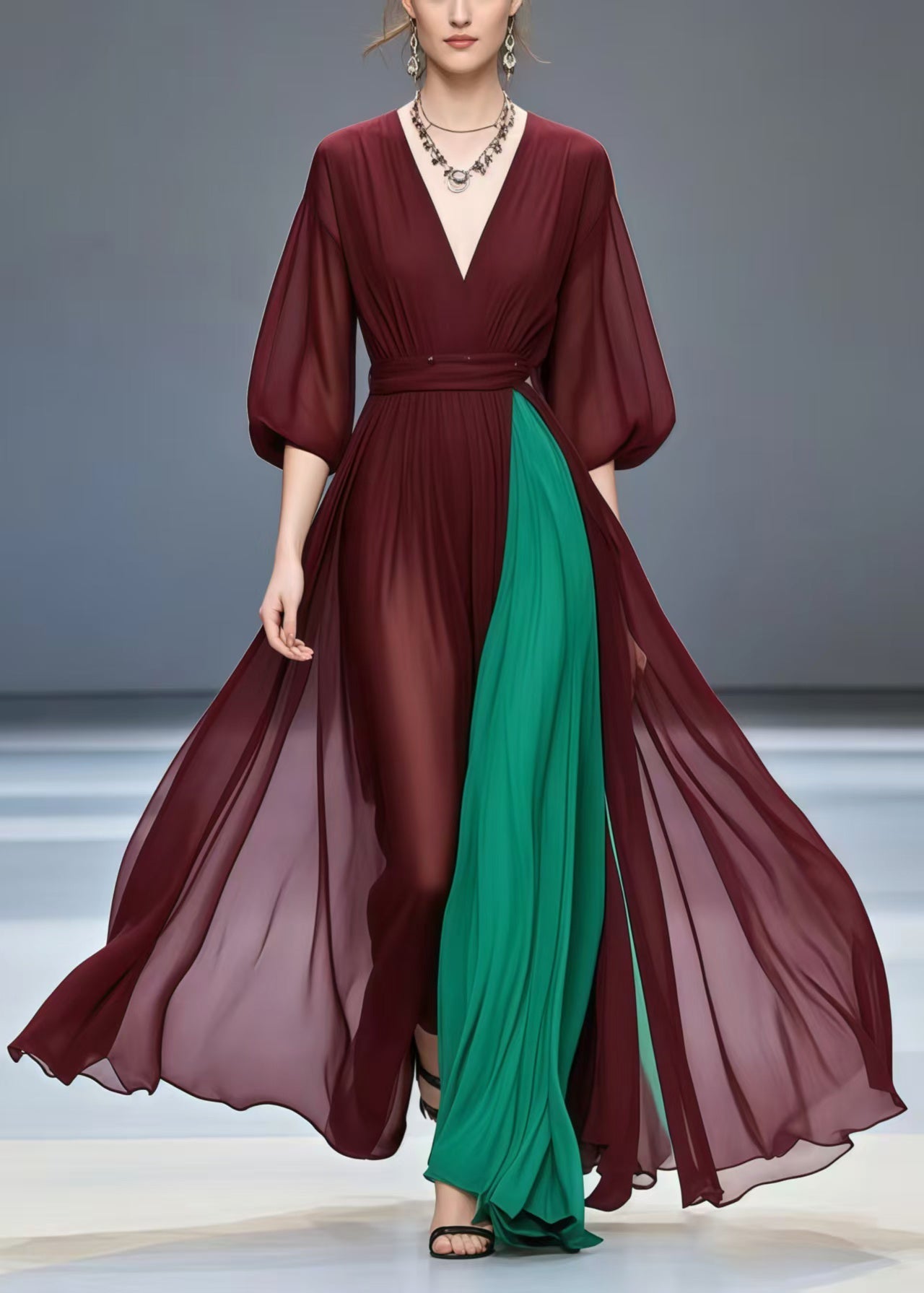 Mulberry Exra Large Hem Patchwork Chiffon Dress Summer