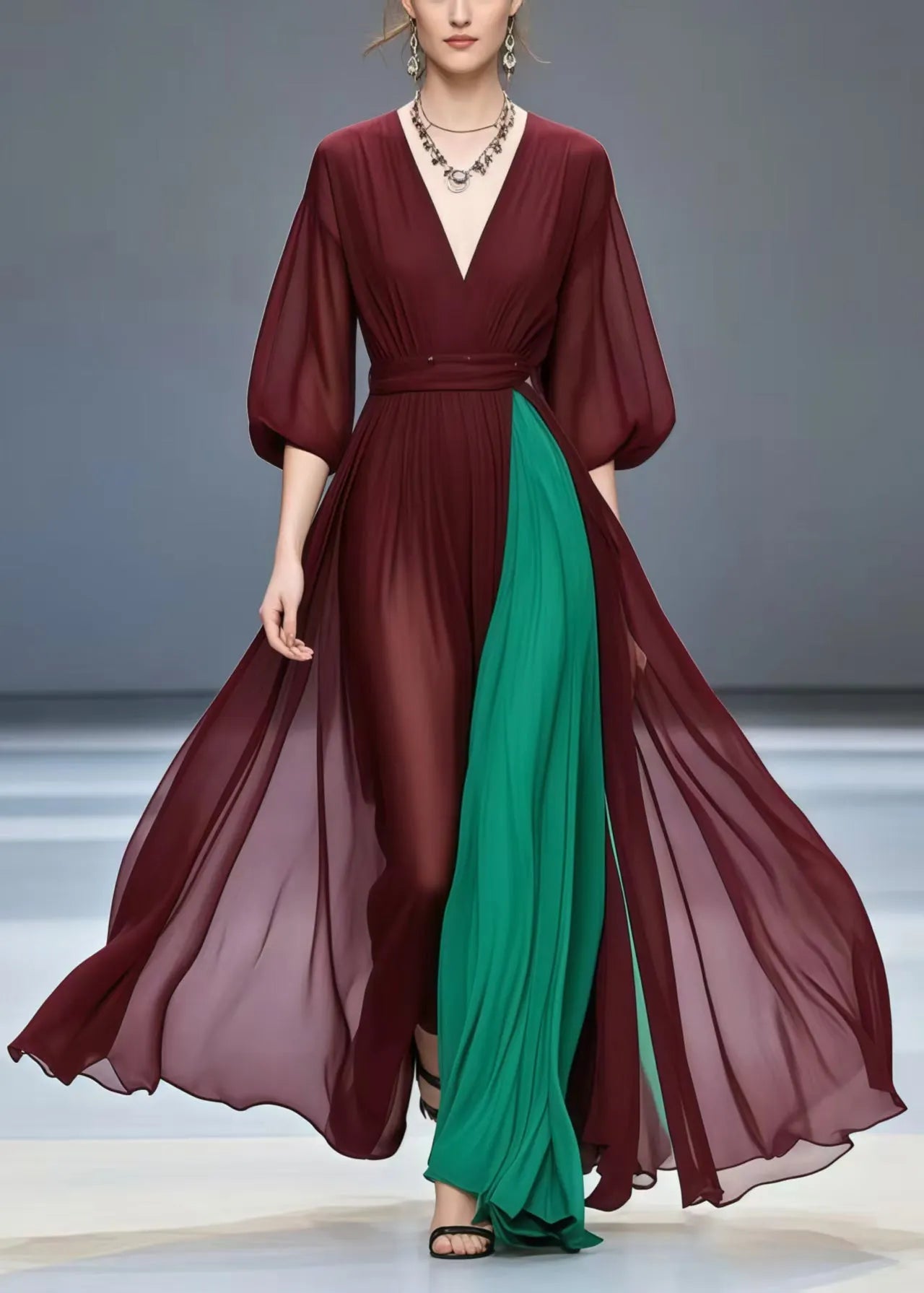 Mulberry Exra Large Hem Patchwork Chiffon Dress Summer