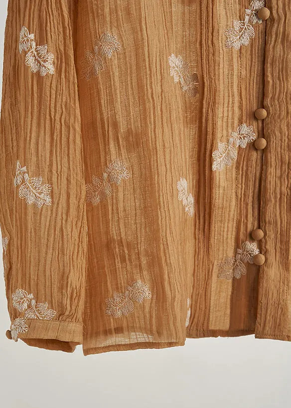 Khaki Embroidered Wrinkled Cotton Blouses Fall